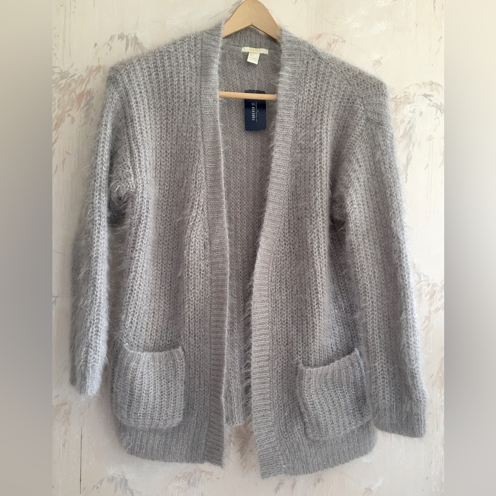 Forever 21 Fuzzy Loose Fit Long Cardigan Heather Gray Sm…